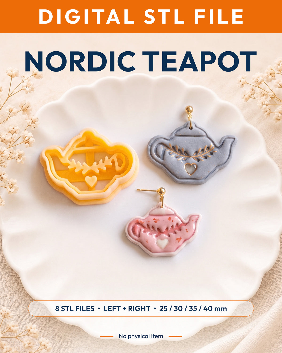 Digital STL listing hero showing the Nordic Folk Teapot printed clay cutter with example finished polymer clay jewelry.