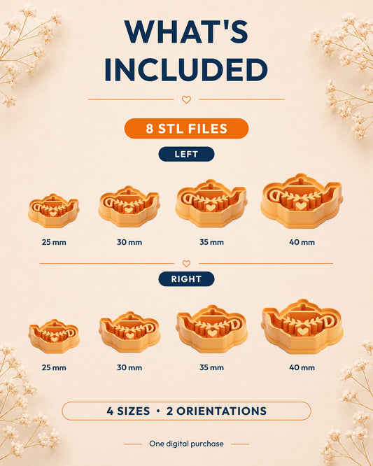 What's included graphic showing the STL file package and available sizes for the Nordic Folk Teapot clay cutter.