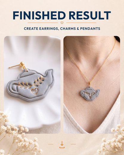 Finished result collage showing polymer clay jewelry created with the Nordic Folk Teapot cutter design.