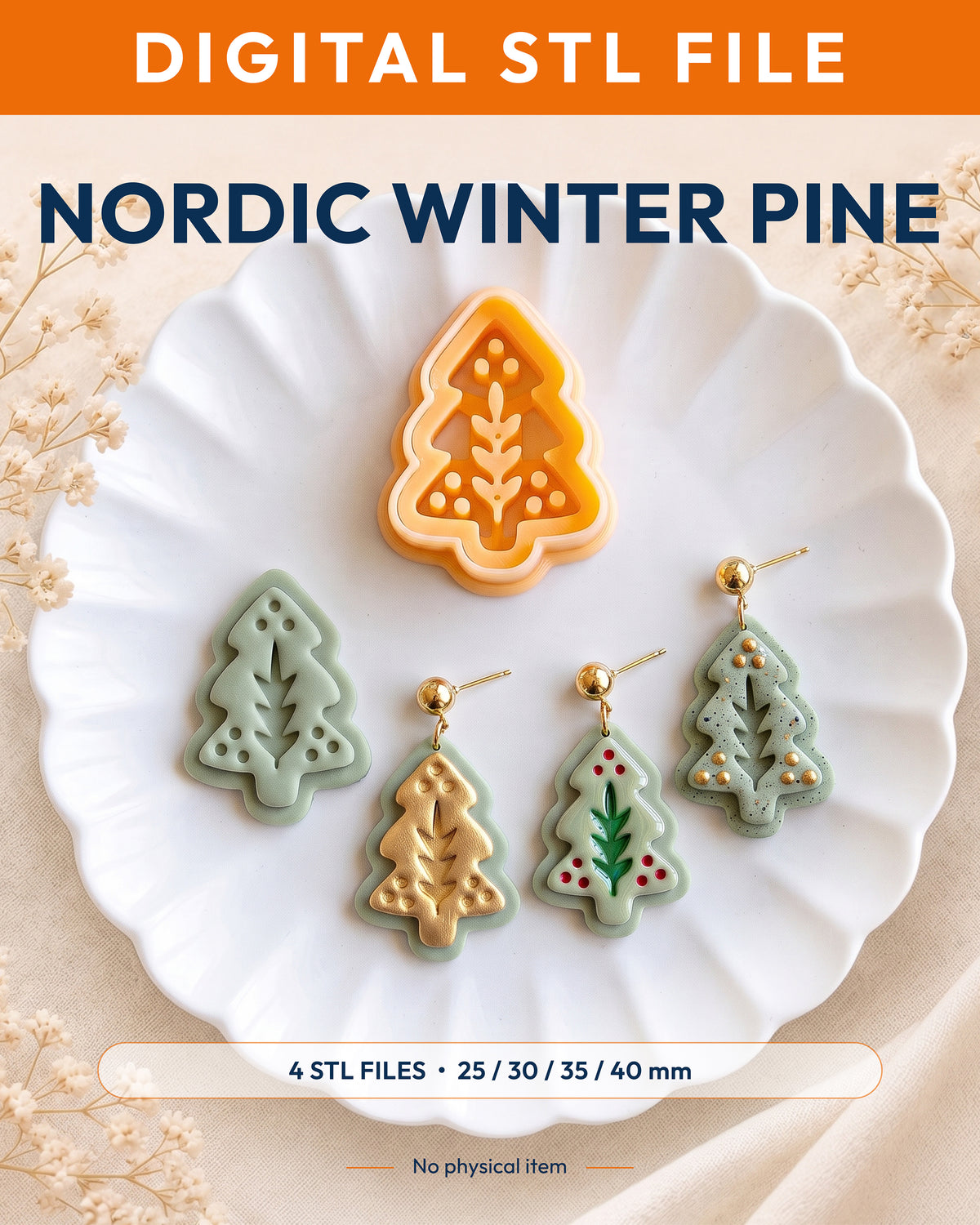 Digital STL listing hero showing the Nordic Folk Winter Pine printed clay cutter with example finished polymer clay jewelry.