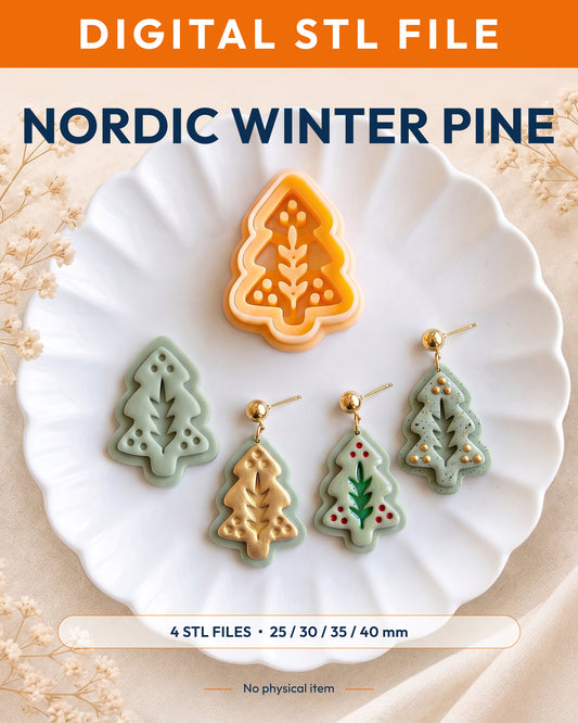 Digital STL listing hero showing the Nordic Folk Winter Pine printed clay cutter with example finished polymer clay jewelry.