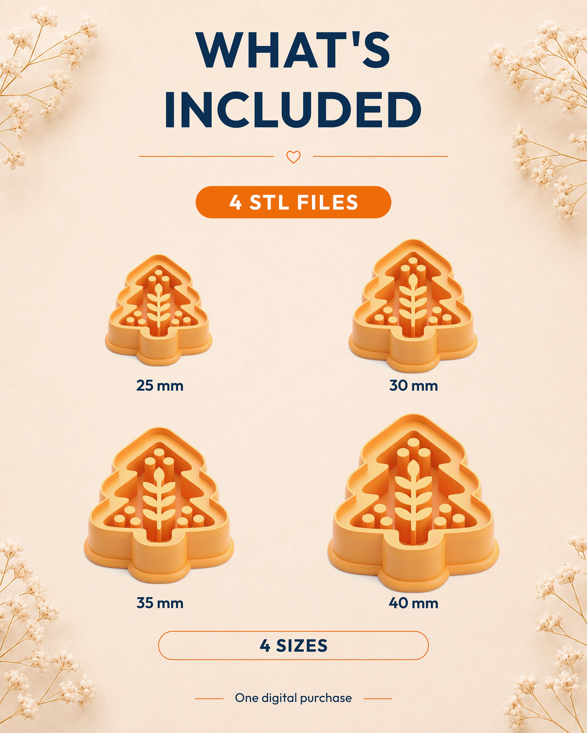 What's included graphic showing the STL file package and available sizes for the Nordic Folk Winter Pine clay cutter.