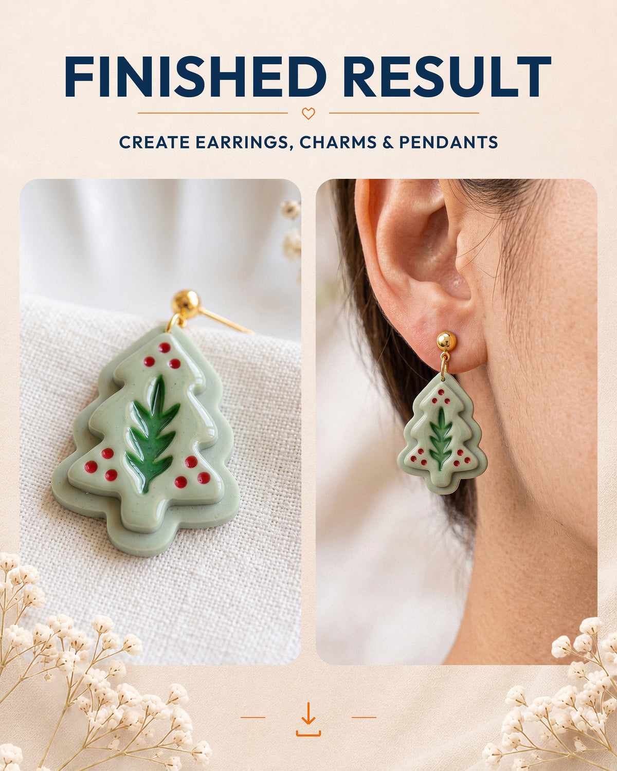 Finished result collage showing polymer clay jewelry created with the Nordic Folk Winter Pine cutter design.