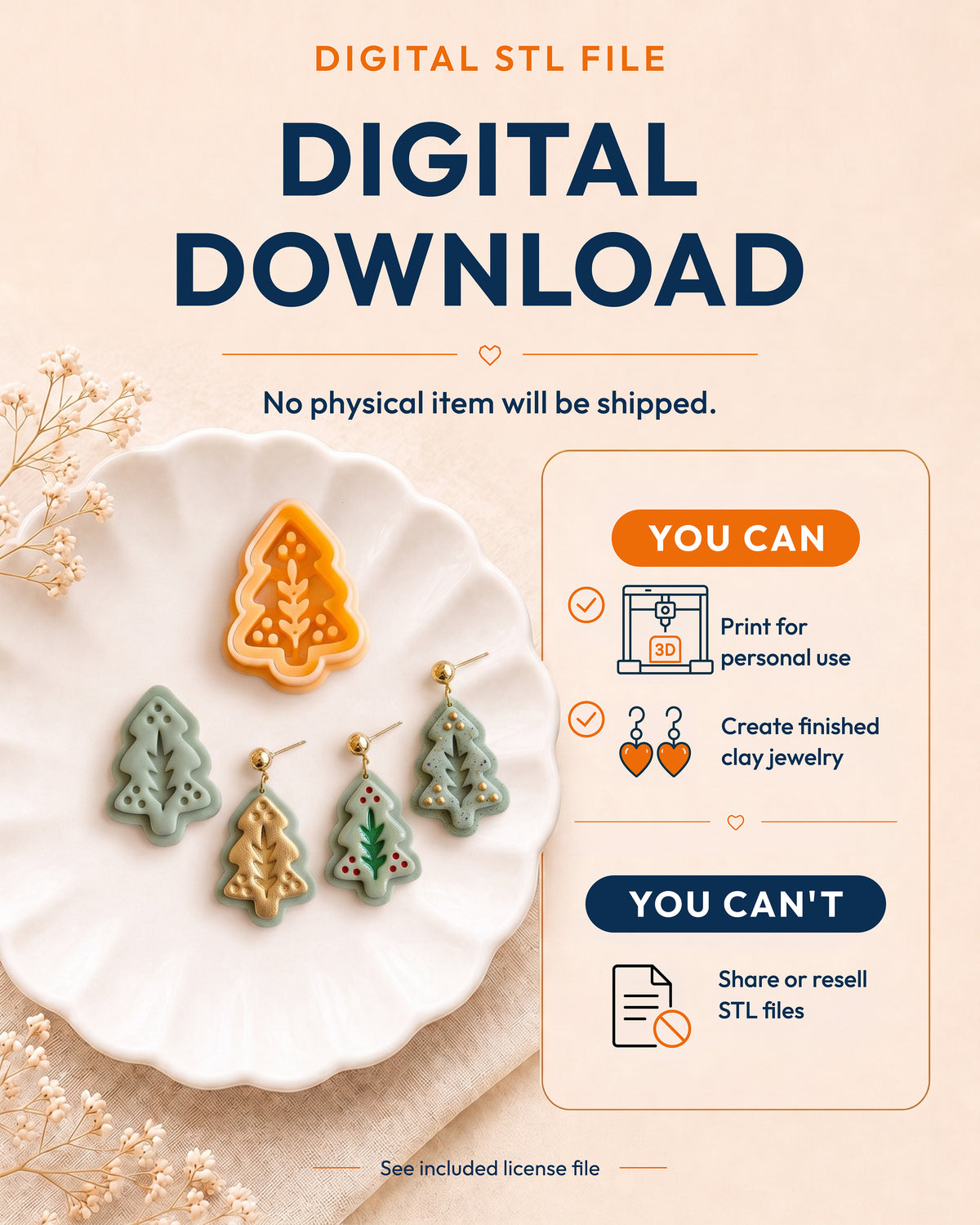 Digital download information graphic for the Nordic Folk Winter Pine STL files, explaining that no physical item is shipped.