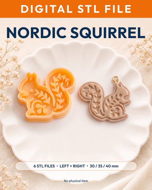 Digital STL listing hero showing the Nordic Squirrel printed clay cutter with example finished polymer clay jewelry.