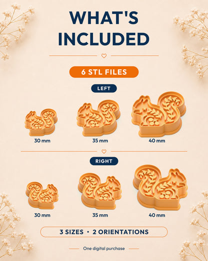 What's included graphic showing the STL file package and available sizes for the Nordic Squirrel clay cutter.