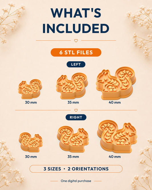 What's included graphic showing the STL file package and available sizes for the Nordic Squirrel clay cutter.