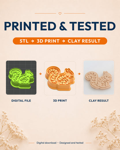 Printed and tested graphic showing the digital model, printed Nordic Squirrel cutter and matching polymer clay result.