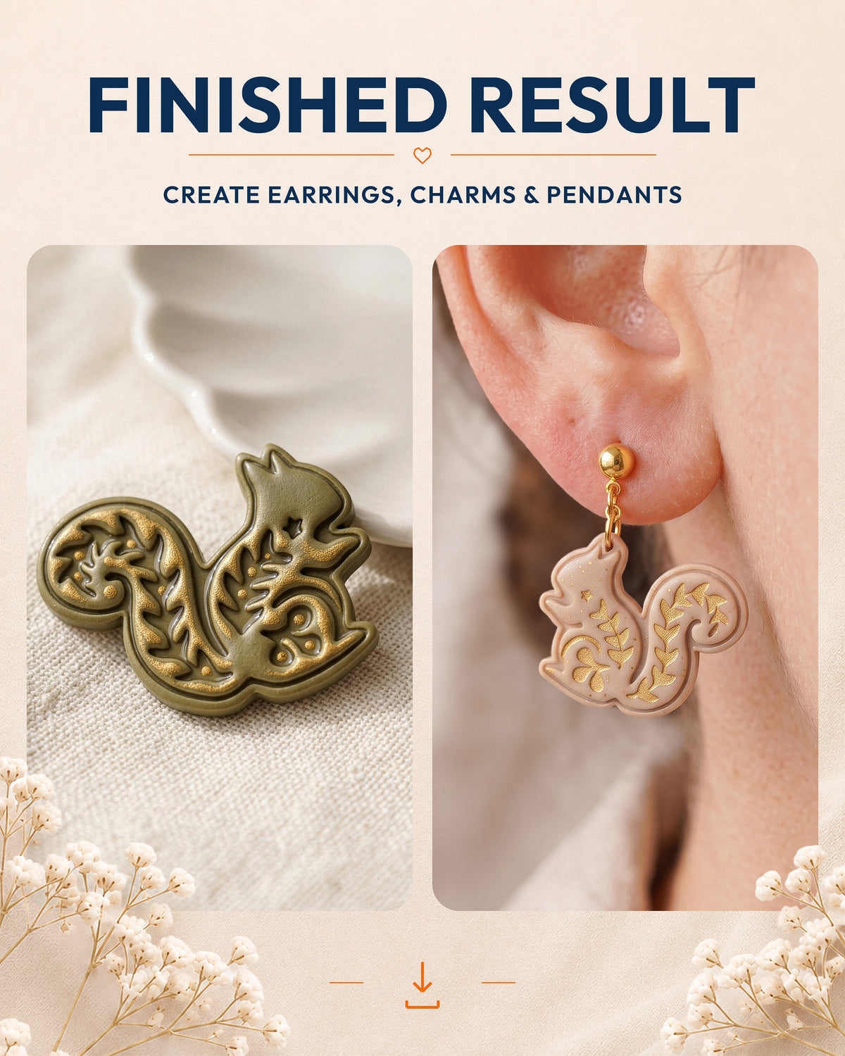 Finished result collage showing polymer clay jewelry created with the Nordic Squirrel cutter design.