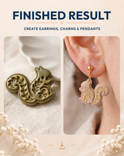 Finished result collage showing polymer clay jewelry created with the Nordic Squirrel cutter design.