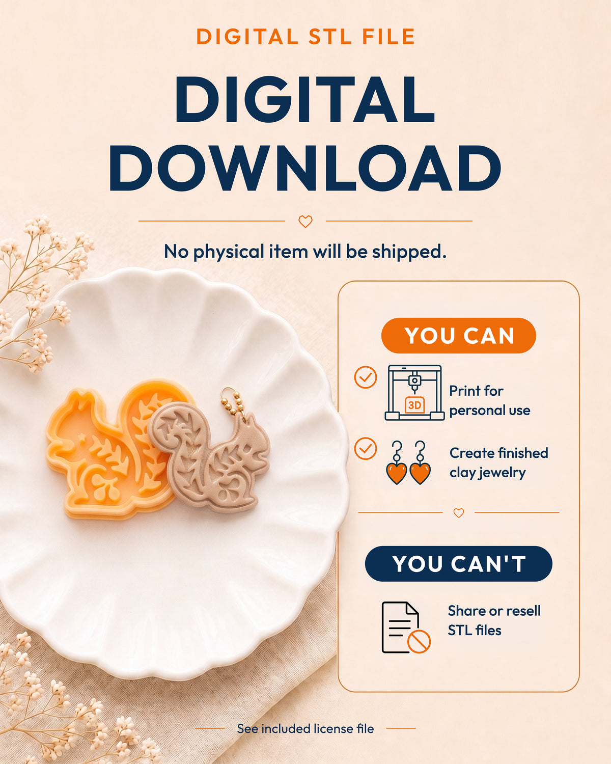 Digital download information graphic for the Nordic Squirrel STL files, explaining that no physical item is shipped.