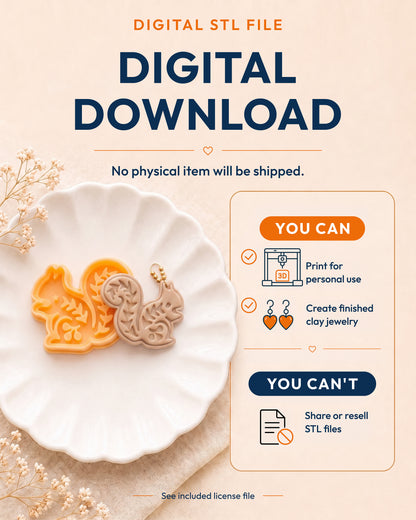 Digital download information graphic for the Nordic Squirrel STL files, explaining that no physical item is shipped.