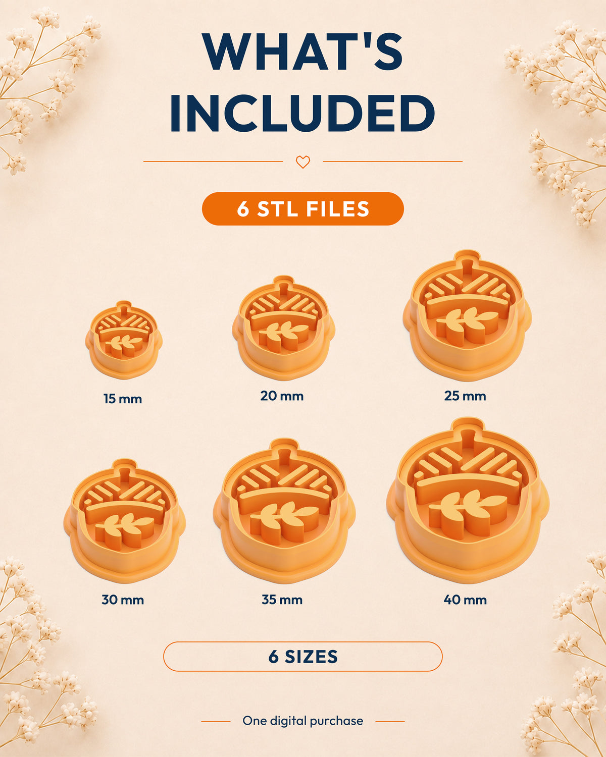 What's included graphic showing the STL file package and available sizes for the Oak Acorn clay cutter.