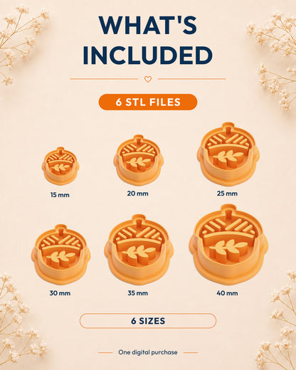 What's included graphic showing the STL file package and available sizes for the Oak Acorn clay cutter.