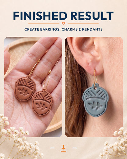 Finished result collage showing polymer clay jewelry created with the Oak Acorn cutter design.