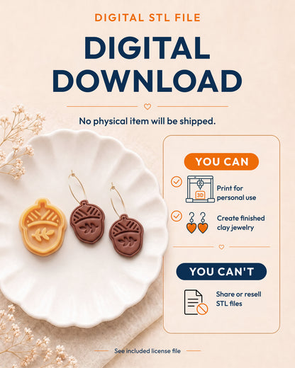 Digital download information graphic for the Oak Acorn STL files, explaining that no physical item is shipped.