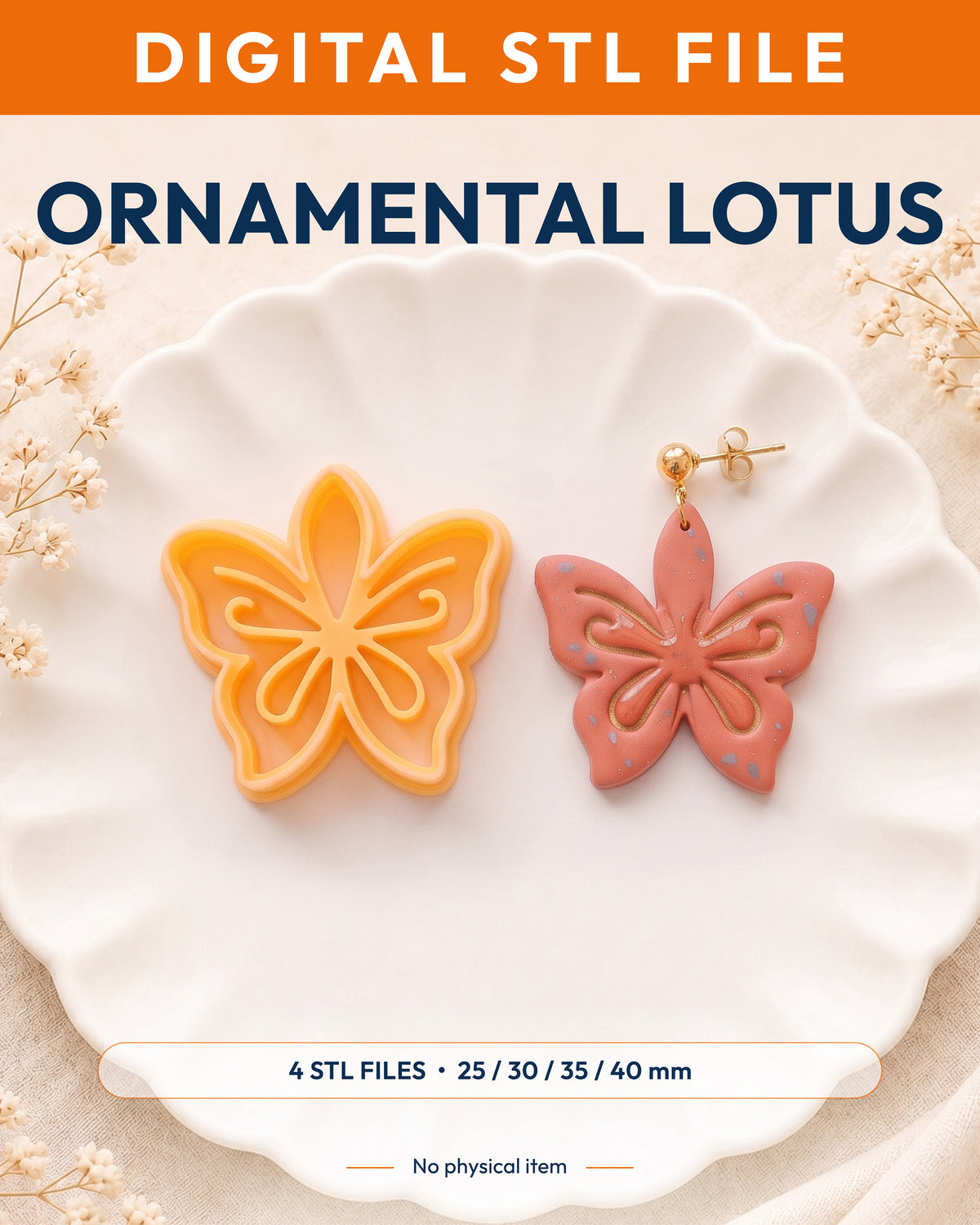 Digital STL listing hero showing the Ornamental Lotus printed clay cutter with example finished polymer clay jewelry.