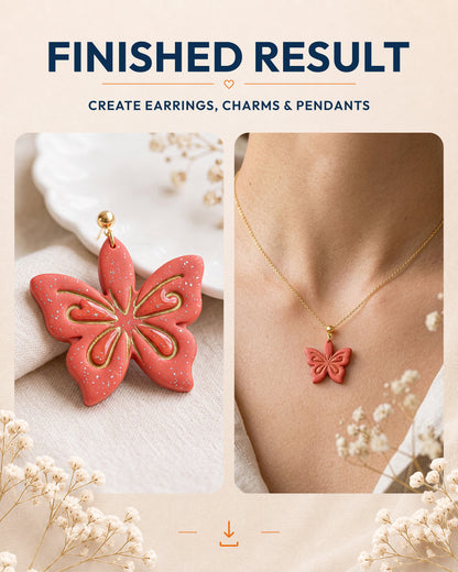 Finished result collage showing polymer clay jewelry created with the Ornamental Lotus cutter design.