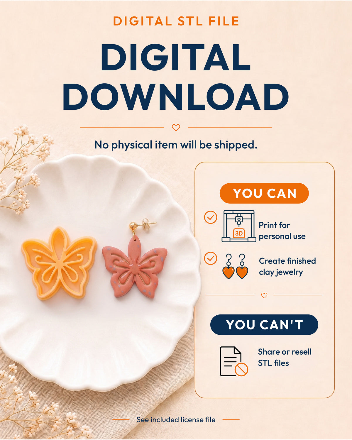 Digital download information graphic for the Ornamental Lotus STL files, explaining that no physical item is shipped.