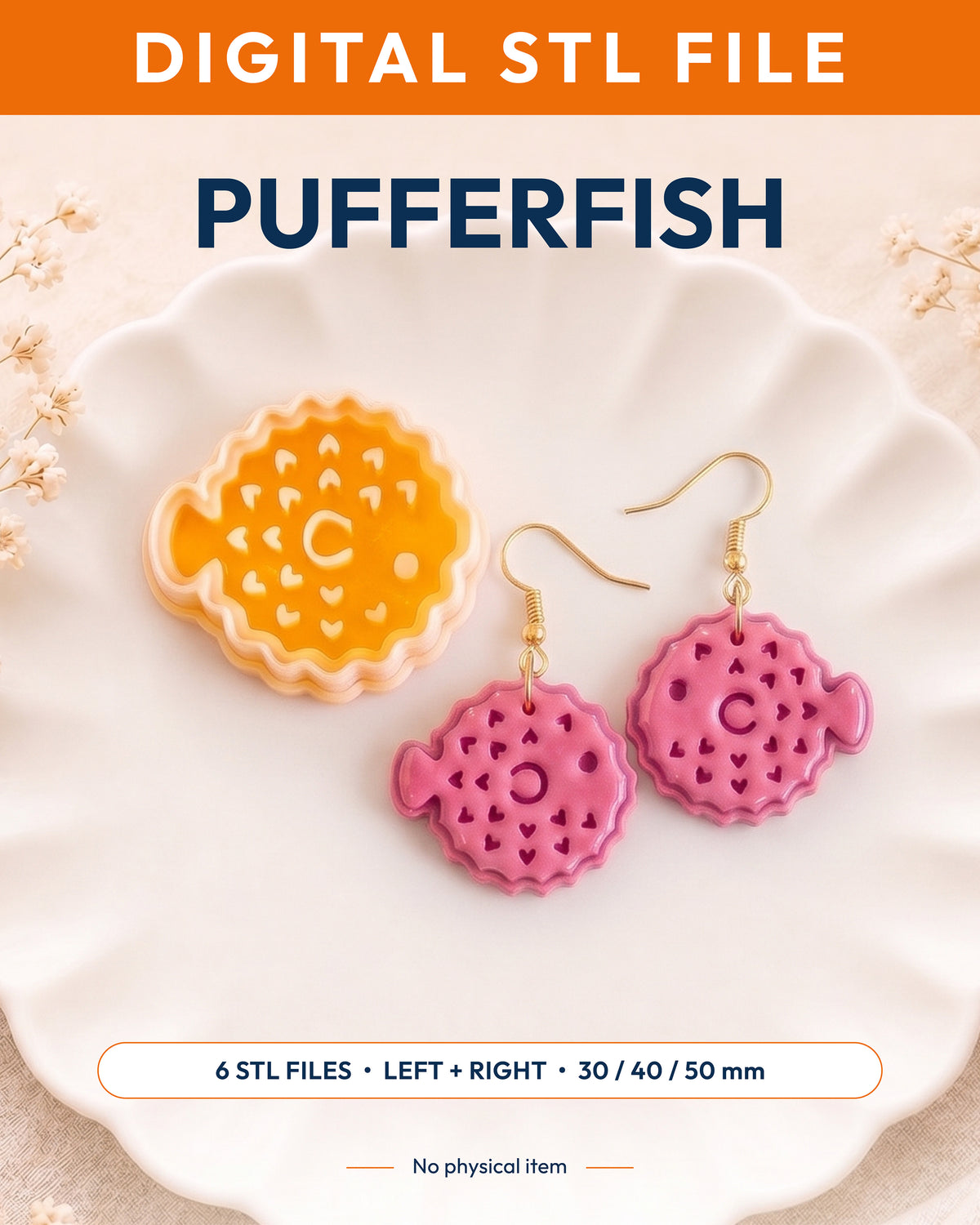 Digital STL listing hero showing the Pufferfish printed clay cutter with example finished polymer clay jewelry.