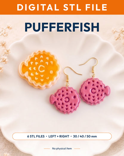 Digital STL listing hero showing the Pufferfish printed clay cutter with example finished polymer clay jewelry.
