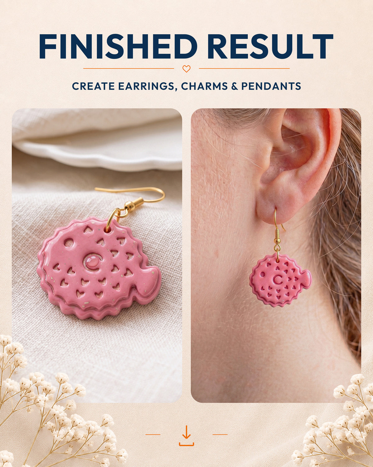 Finished result collage showing polymer clay jewelry created with the Pufferfish cutter design.