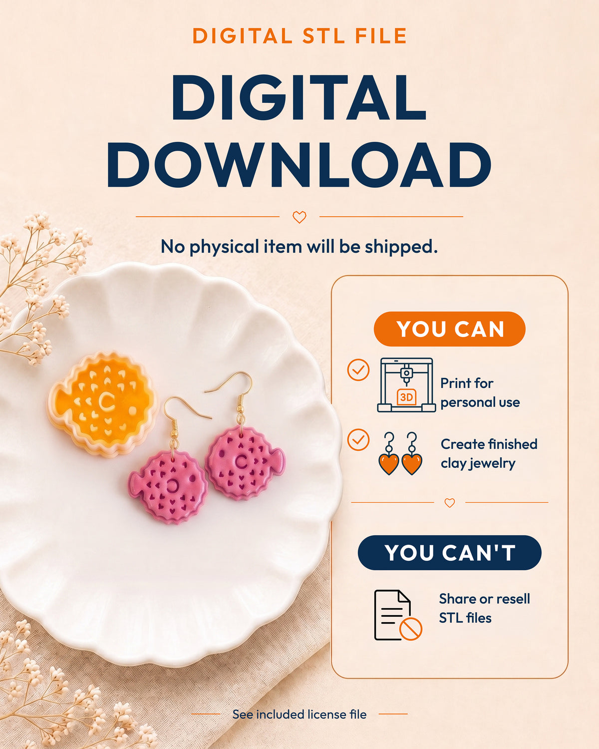 Digital download information graphic for the Pufferfish STL files, explaining that no physical item is shipped.