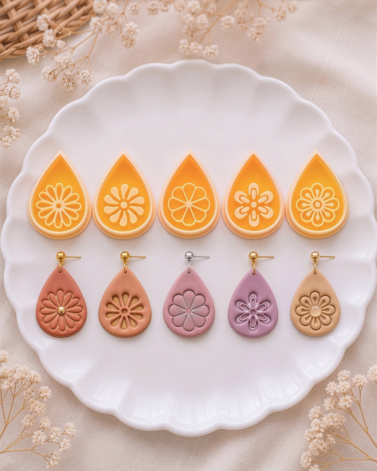 Routerbox polymer clay cutters and finished Daisy Drop earrings