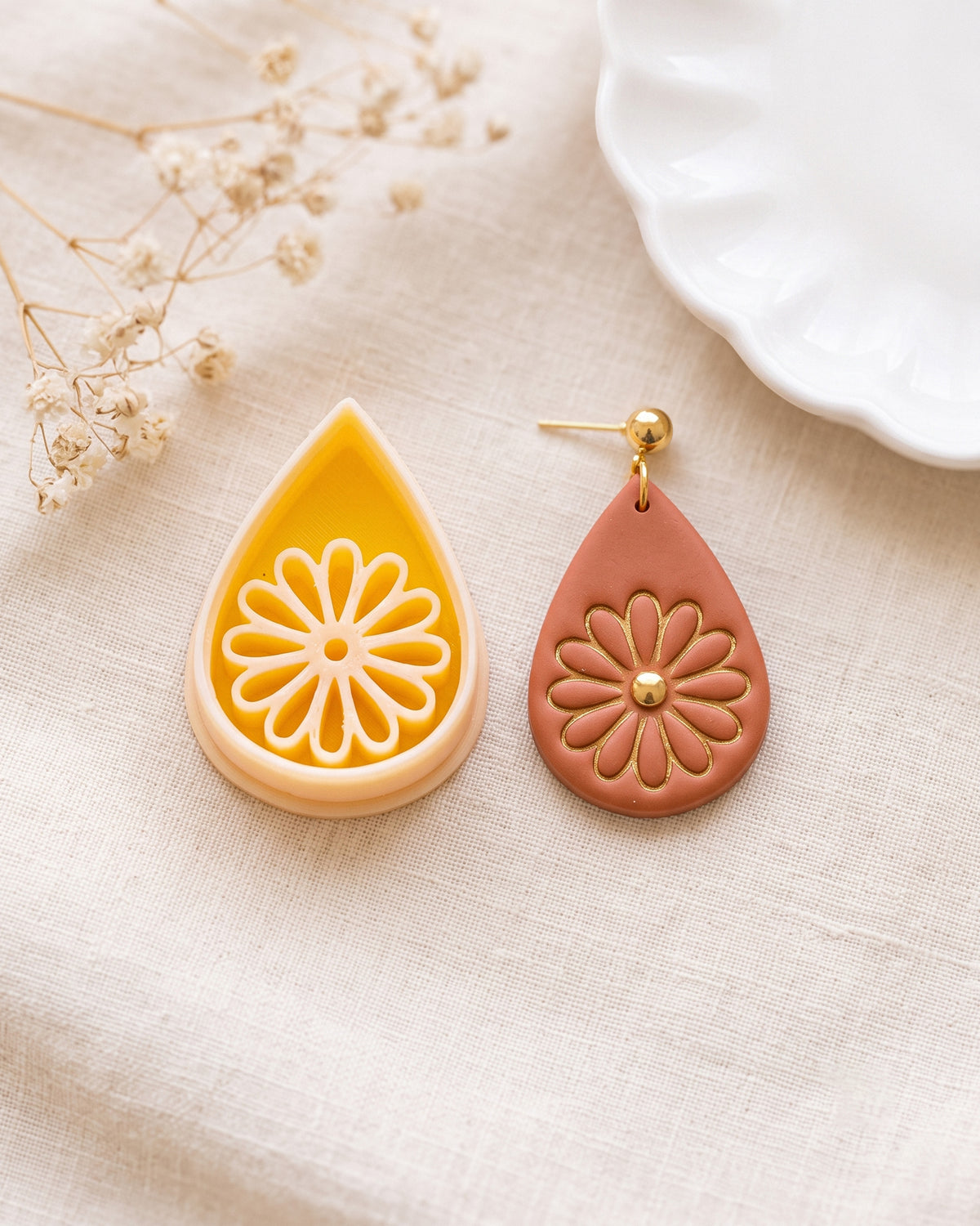 Daisy Drop polymer clay cutter transformation from tool to finished earrings