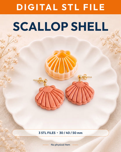 Digital STL listing hero showing the Scallop Shell printed clay cutter with example finished polymer clay jewelry.