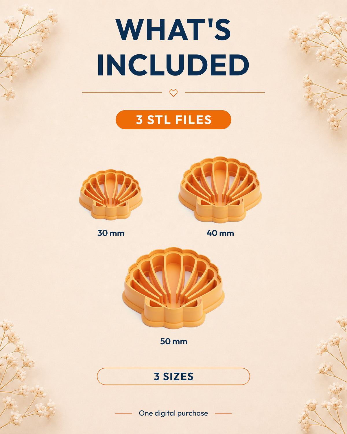 What's included graphic showing the STL file package and available sizes for the Scallop Shell clay cutter.