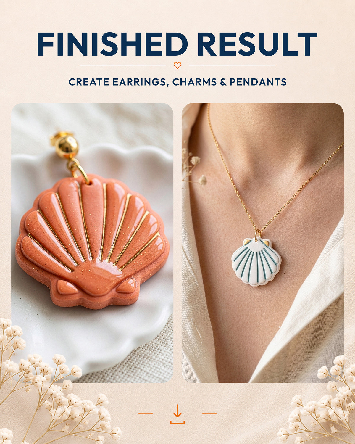 Finished result collage showing polymer clay jewelry created with the Scallop Shell cutter design.