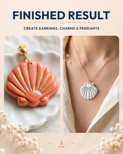 Finished result collage showing polymer clay jewelry created with the Scallop Shell cutter design.