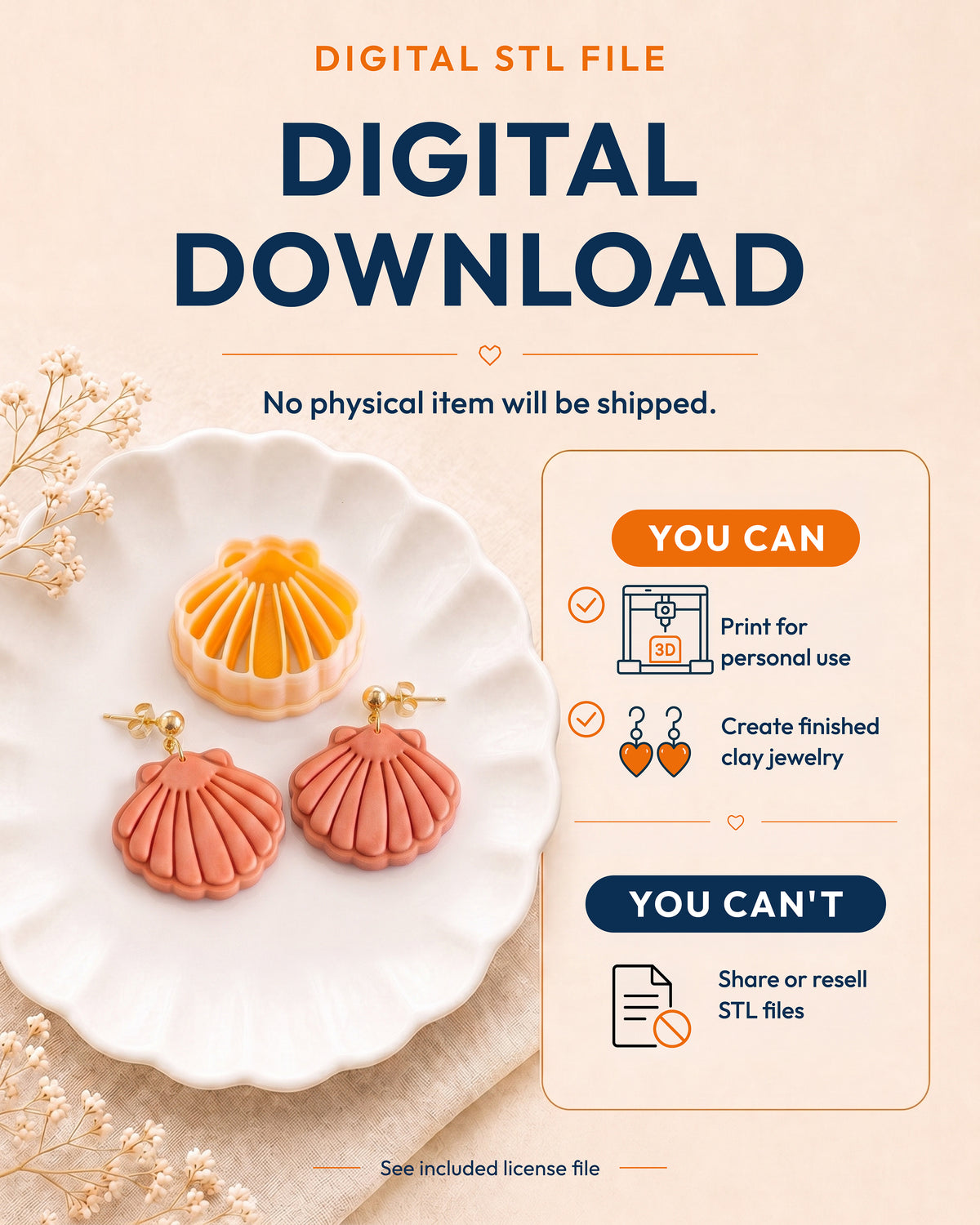 Digital download information graphic for the Scallop Shell STL files, explaining that no physical item is shipped.