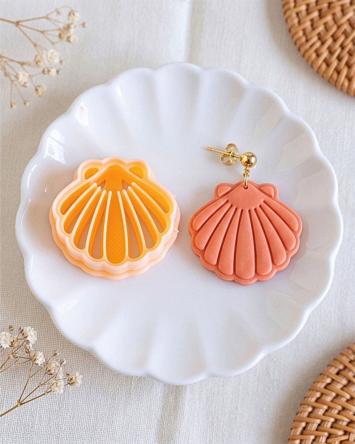 Close product view showing the printed Scallop Shell clay cutter beside its matching polymer clay imprint.