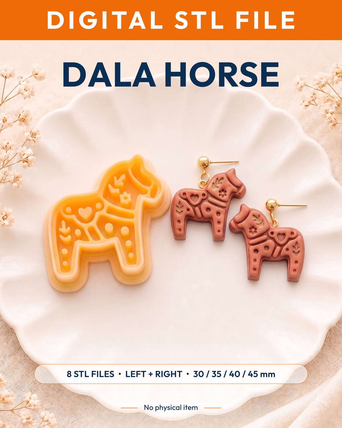 Digital STL listing hero showing the Scandi Dala Horse printed clay cutter with example finished polymer clay jewelry.