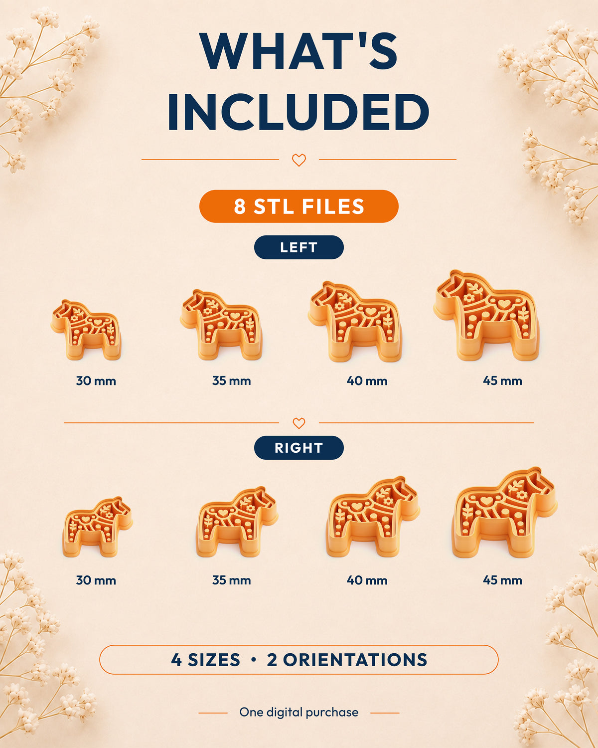 What's included graphic showing the STL file package and available sizes for the Scandi Dala Horse clay cutter.
