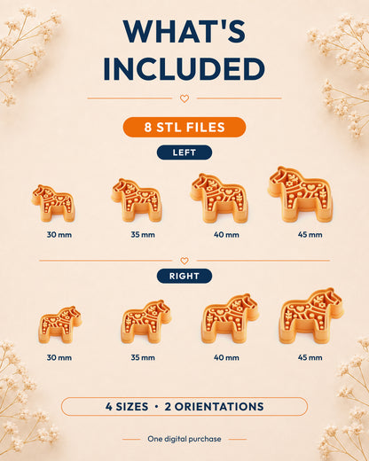 What's included graphic showing the STL file package and available sizes for the Scandi Dala Horse clay cutter.