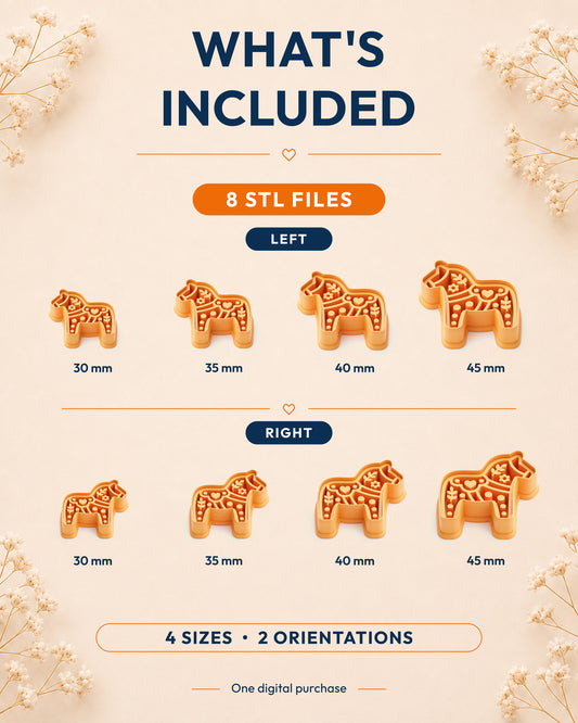 What's included graphic showing the STL file package and available sizes for the Scandi Dala Horse clay cutter.