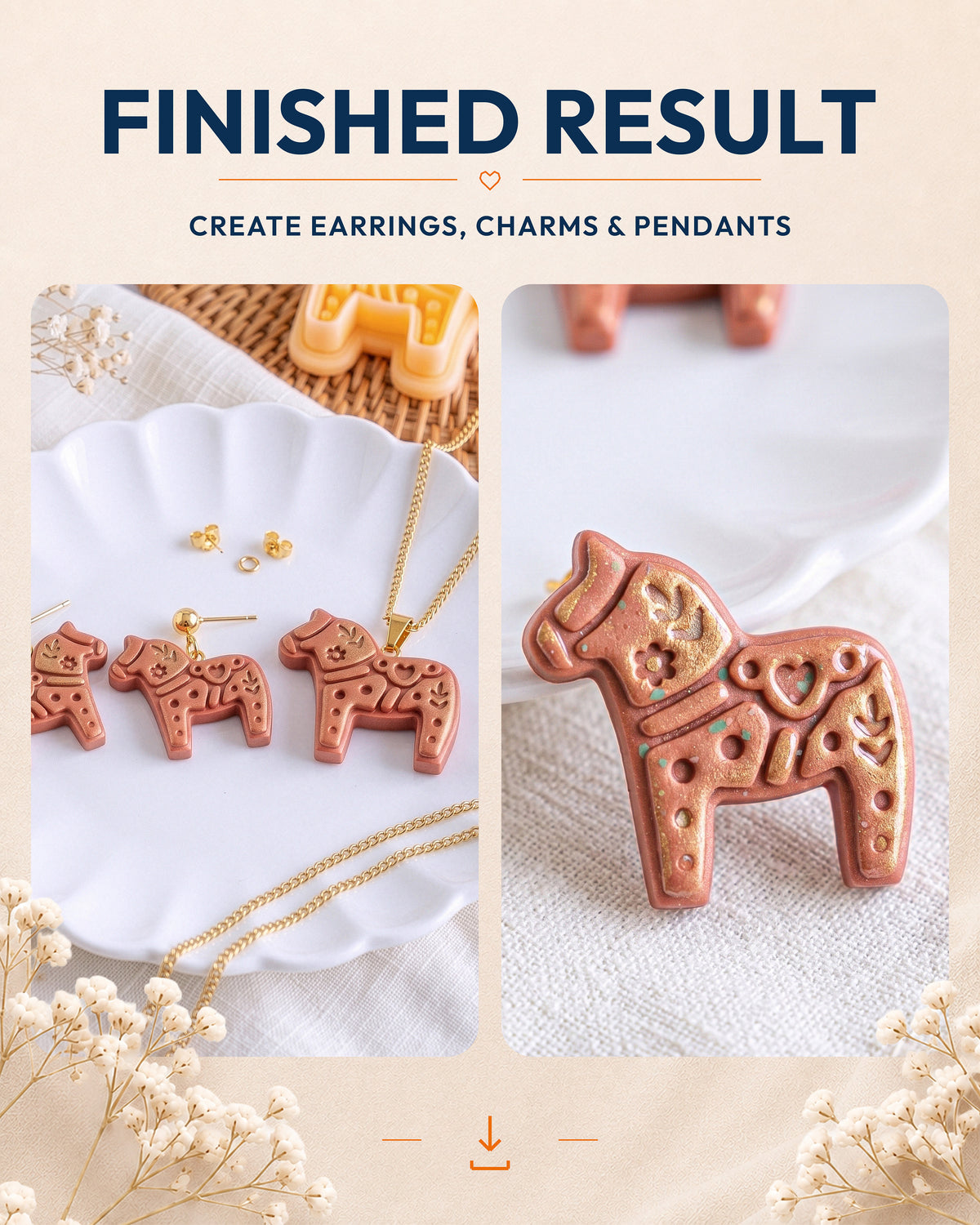 Finished result collage showing polymer clay jewelry created with the Scandi Dala Horse cutter design.