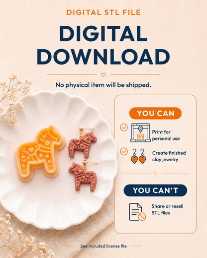 Digital download information graphic for the Scandi Dala Horse STL files, explaining that no physical item is shipped.