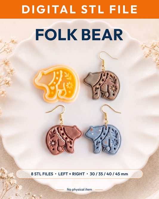 Digital STL listing hero showing the Scandi Folk Bear printed clay cutter with example finished polymer clay jewelry.