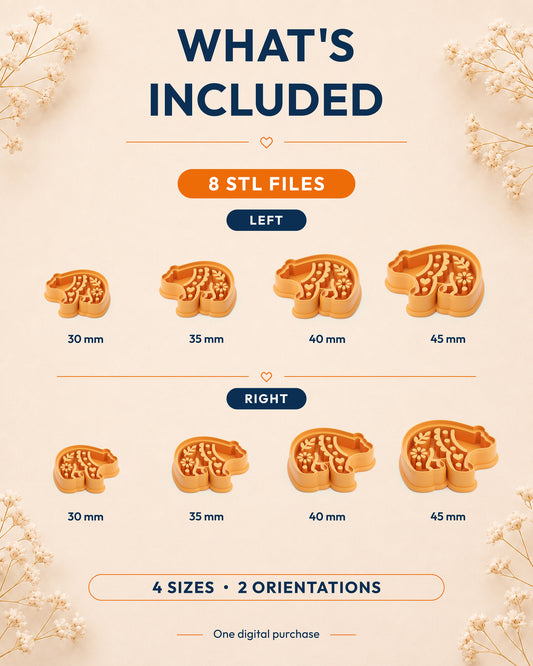 What's included graphic showing the STL file package and available sizes for the Scandi Folk Bear clay cutter.