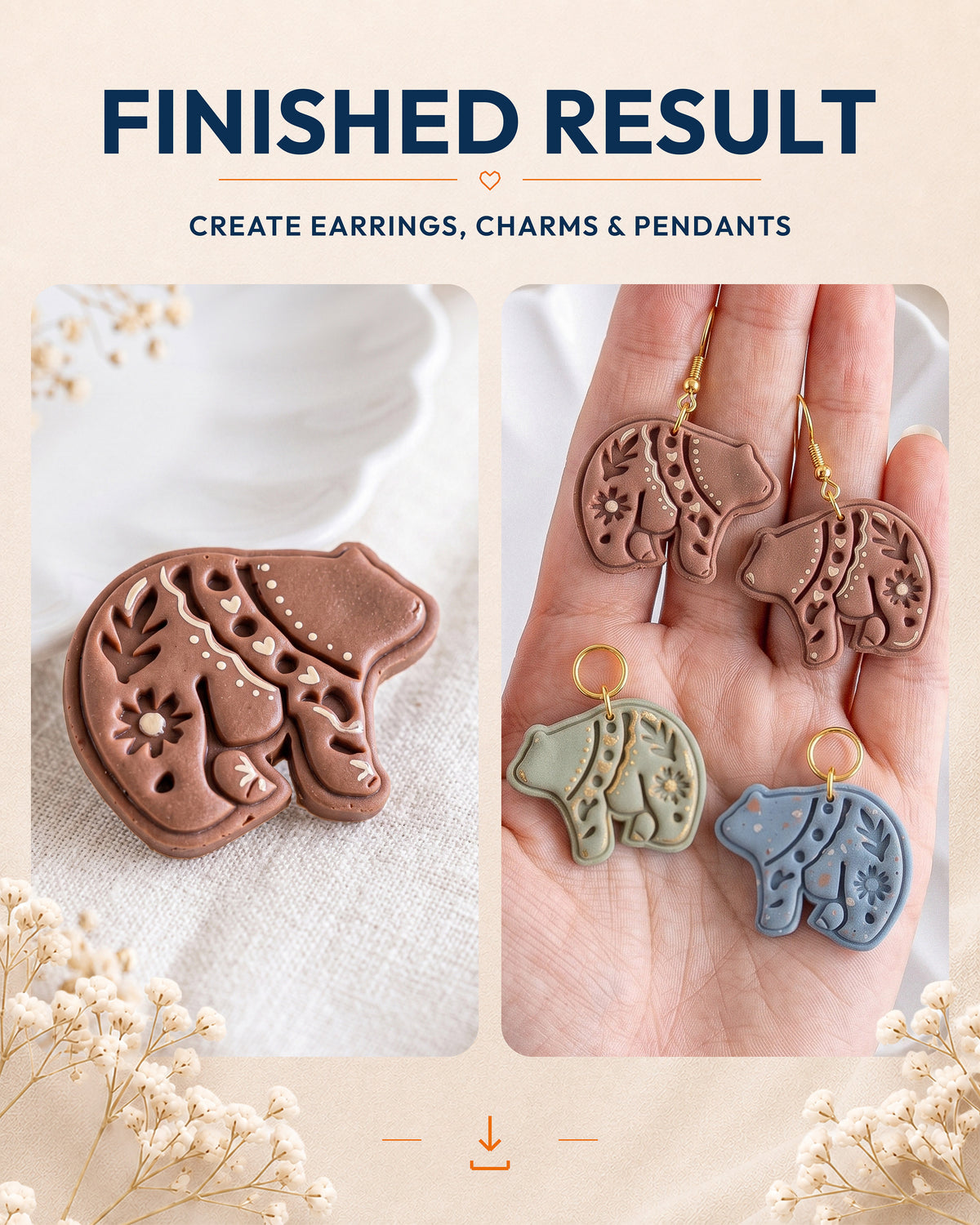 Finished result collage showing polymer clay jewelry created with the Scandi Folk Bear cutter design.