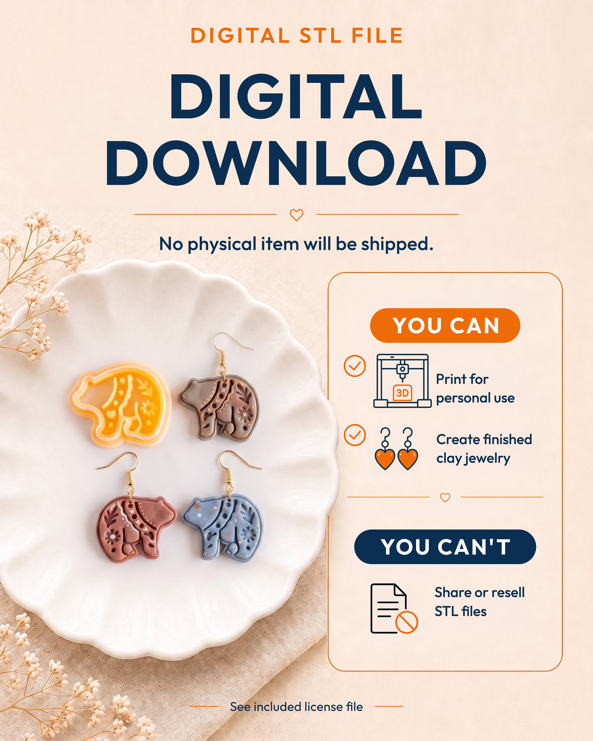 Digital download information graphic for the Scandi Folk Bear STL files, explaining that no physical item is shipped.