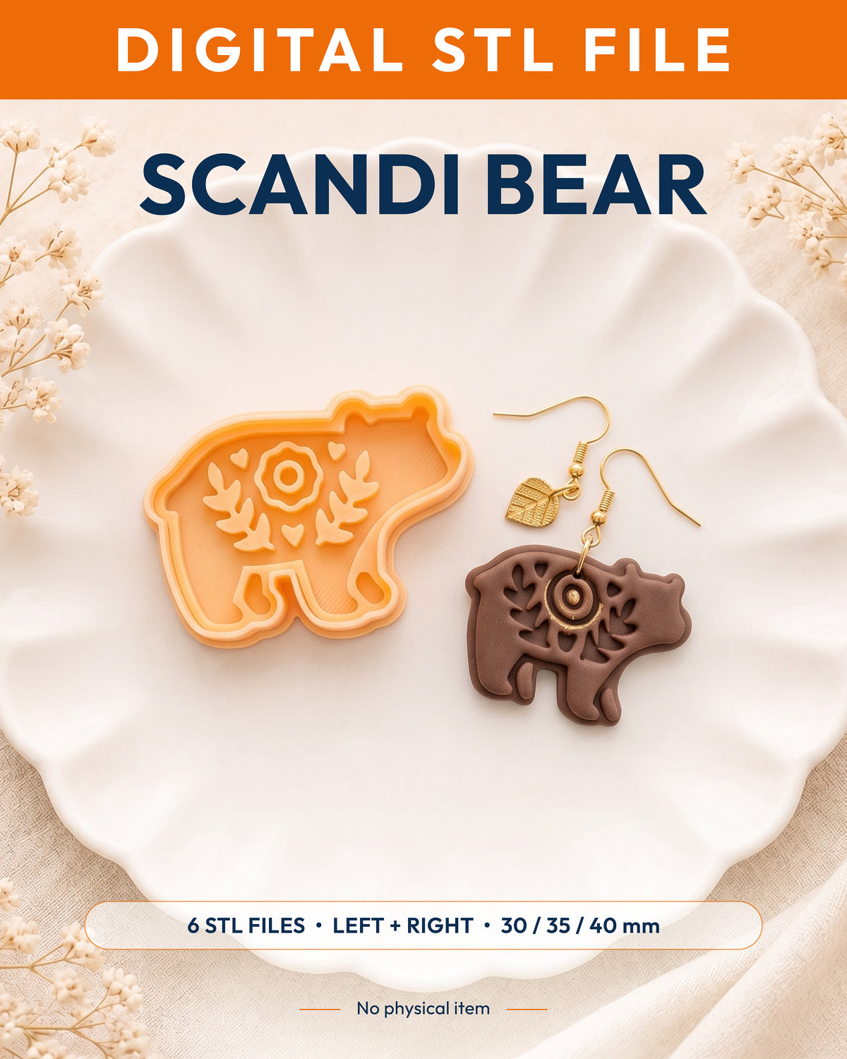 Digital STL listing hero showing the Scandi Folk Bear (Woodland Collection) printed clay cutter with example finished polymer clay jewelry.