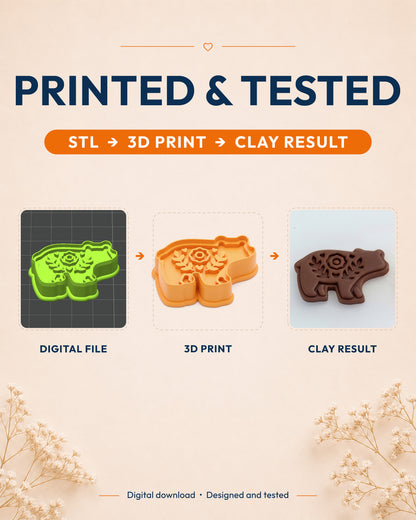 Printed and tested graphic showing the digital model, printed Scandi Folk Bear (Woodland Collection) cutter and matching polymer clay result.