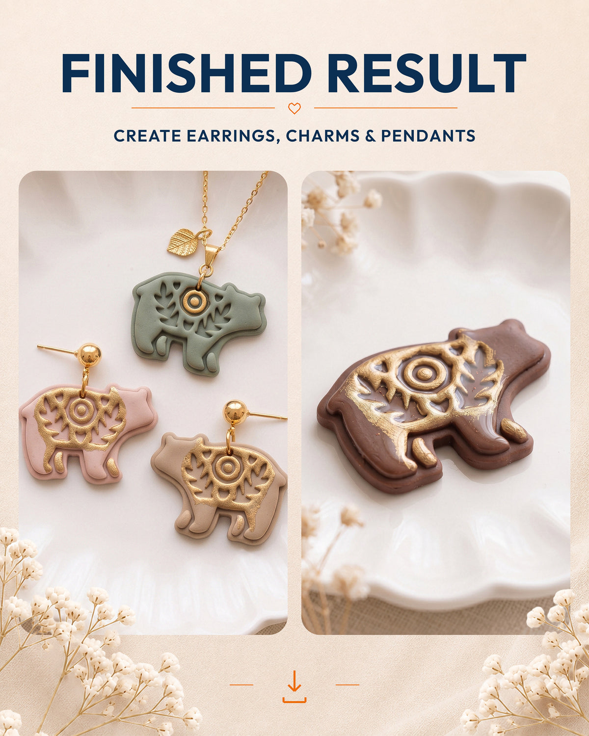 Finished result collage showing polymer clay jewelry created with the Scandi Folk Bear (Woodland Collection) cutter design.