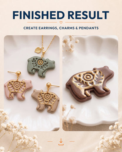 Finished result collage showing polymer clay jewelry created with the Scandi Folk Bear (Woodland Collection) cutter design.