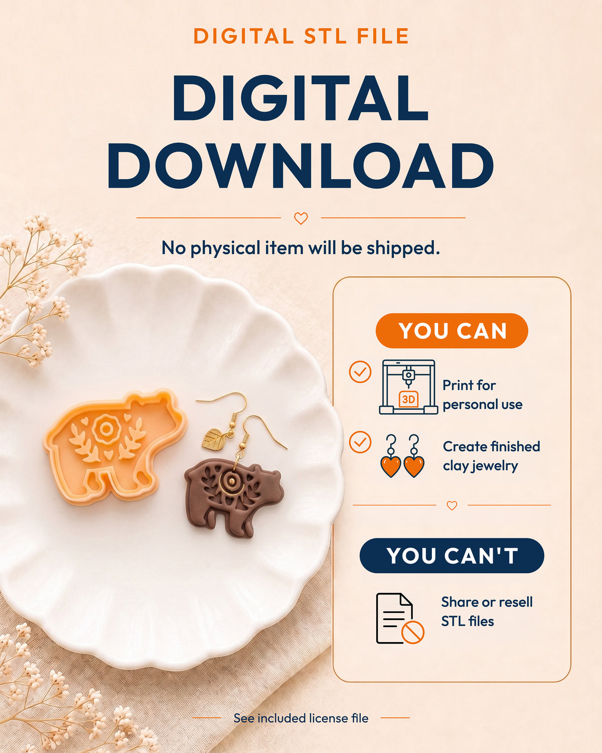 Digital download information graphic for the Scandi Folk Bear (Woodland Collection) STL files, explaining that no physical item is shipped.